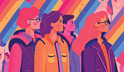 colorful illustration of people looking to the right